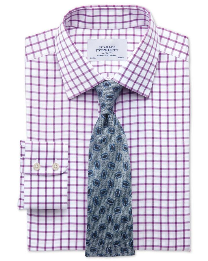  Classic Fit Non-iron Twill Grid Check Purple Cotton Dress Shirt Single Cuff Size 16/35 By Charles Tyrwhitt