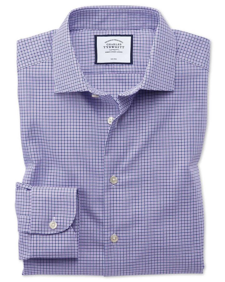  Extra Slim Fit Business Casual Non-iron Puppytooth Modern Texture Lilac Cotton Dress Shirt Single Cuff Size 14.5/32 By Charles Tyrwhitt