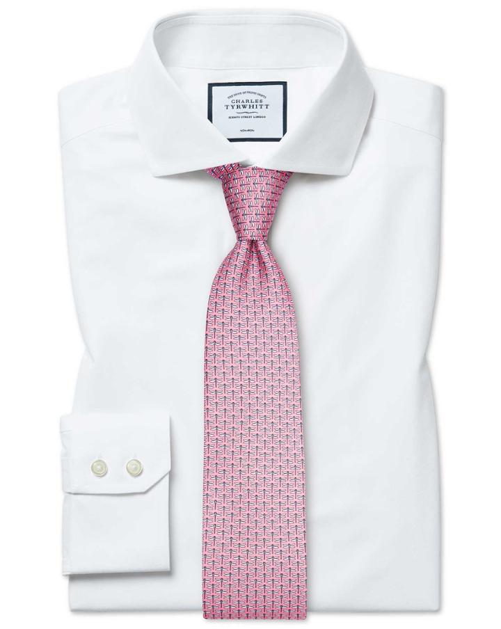 Slim Fit Non-iron 4-way Stretch White Cotton Dress Shirt Single Cuff Size 14.5/33 By Charles Tyrwhitt