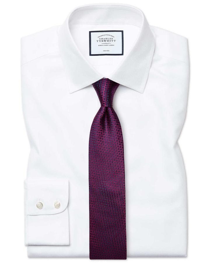  Classic Fit Non-iron White Royal Panama Cotton Dress Shirt Single Cuff Size 15/33 By Charles Tyrwhitt