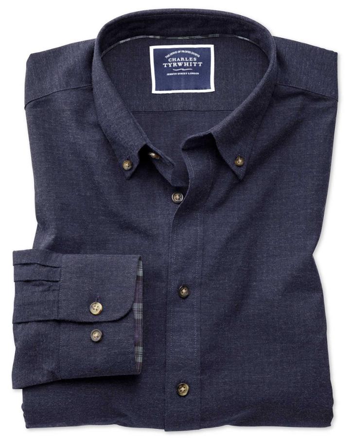  Extra Slim Fit Blue Herringbone Melange Cotton Casual Shirt Single Cuff Size Xxl By Charles Tyrwhitt