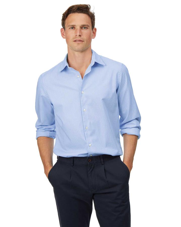  Slim Fit Sky Blue And White Stripe Soft Washed Textured Cotton Casual Shirt Single Cuff Size Small By Charles Tyrwhitt