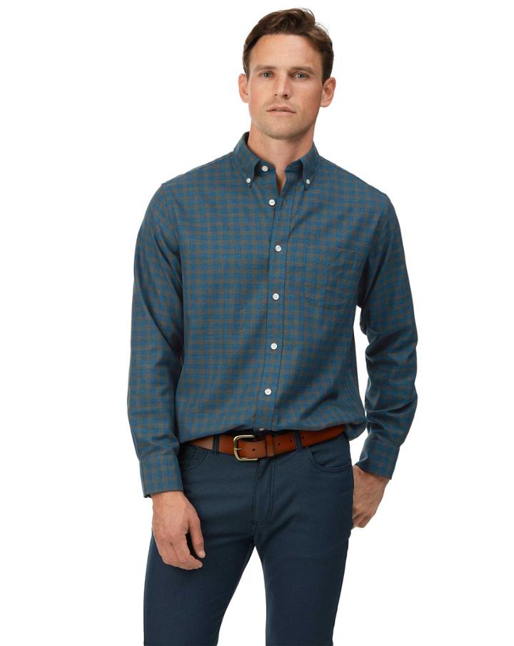  Classic Fit Teal Check Soft Wash Non-iron Twill Cotton Casual Shirt Single Cuff Size Small By Charles Tyrwhitt