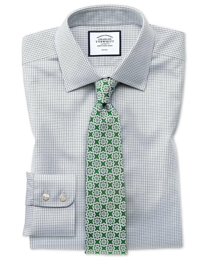  Extra Slim Fit Non-iron Twill Mini Grid Check Grey Cotton Dress Shirt French Cuff Size 15/34 By Charles Tyrwhitt