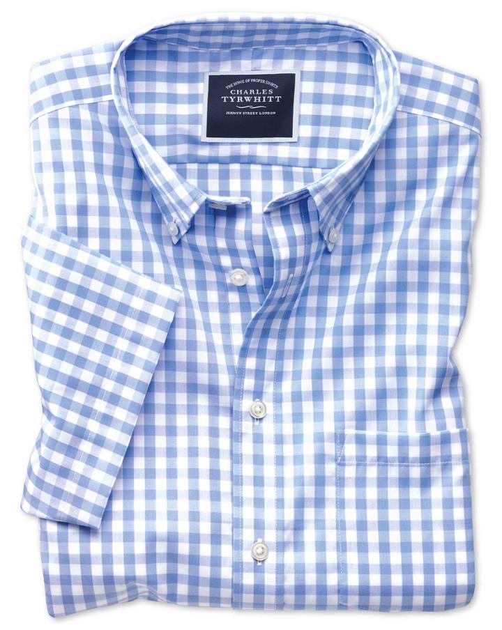  Slim Fit Non-iron Sky Blue Gingham Short Sleeve Cotton Casual Shirt Single Cuff Size Large By Charles Tyrwhitt