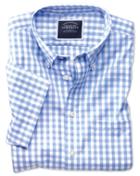  Slim Fit Non-iron Sky Blue Gingham Short Sleeve Cotton Casual Shirt Single Cuff Size Large By Charles Tyrwhitt