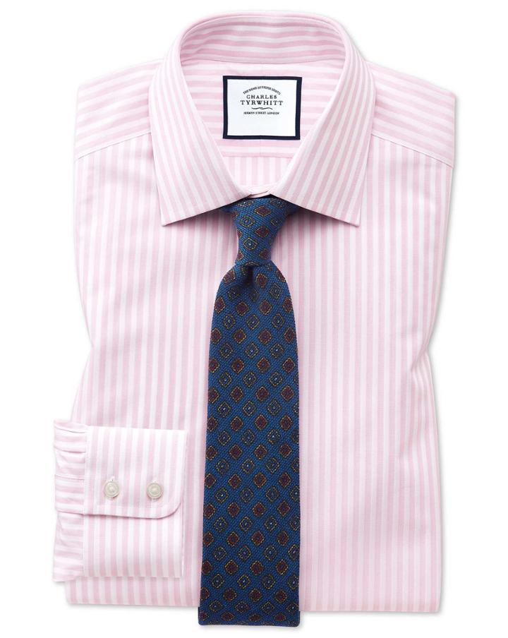  Slim Fit Pink And White Dobby Textured Stripe Cotton Dress Shirt Single Cuff Size 16/35 By Charles Tyrwhitt