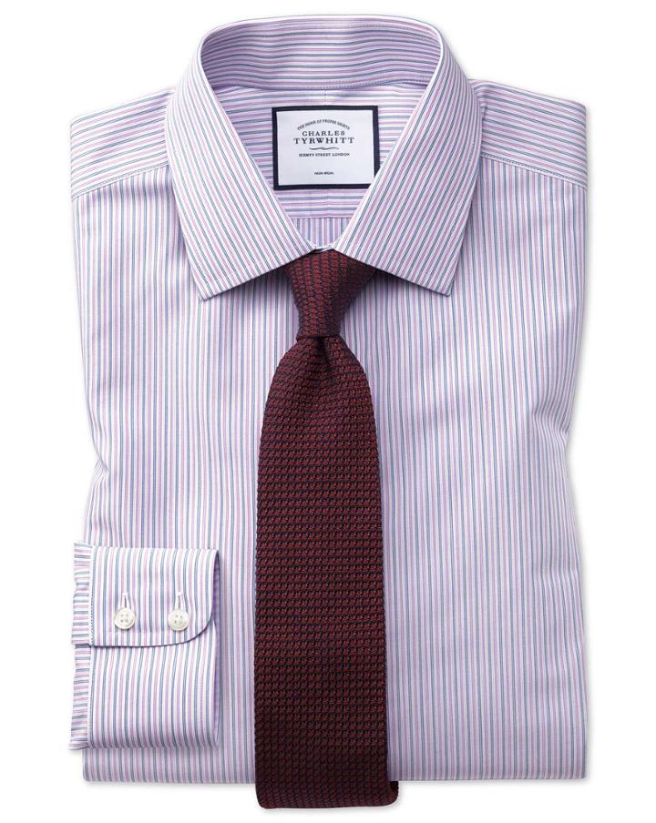  Classic Fit Non-iron Lilac And Blue Multi Stripe Cotton Dress Shirt French Cuff Size 16/33 By Charles Tyrwhitt