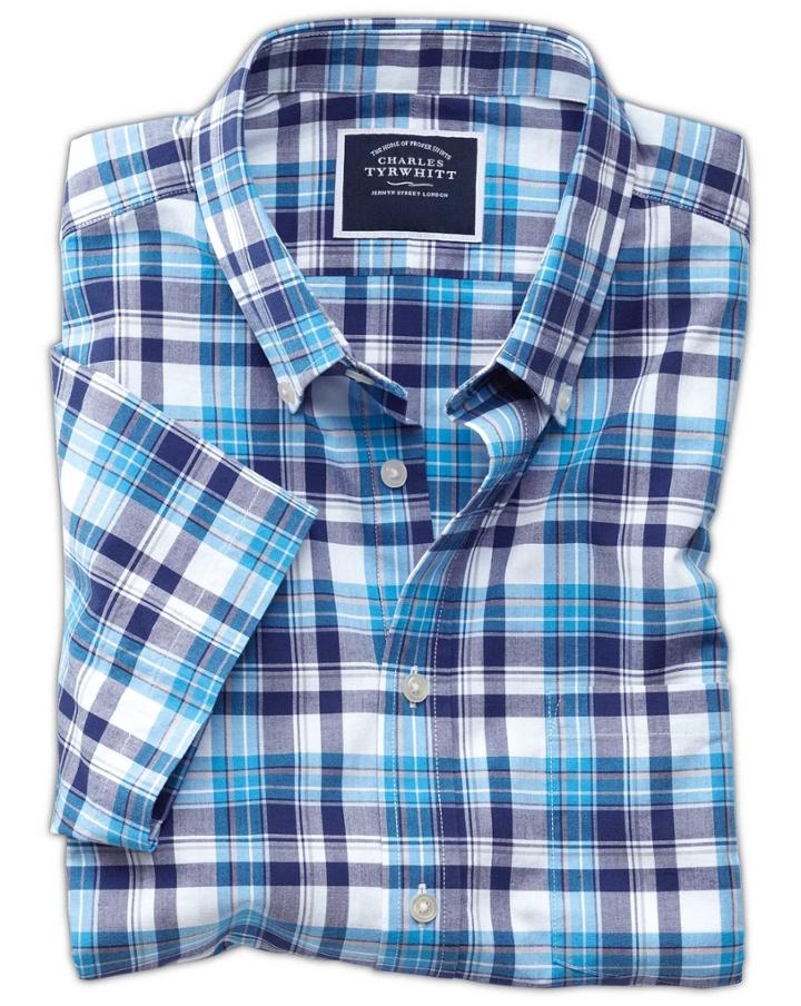 Charles Tyrwhitt Slim Fit Poplin Short Sleeve Navy Multi Cotton Casual Shirt Single Cuff Size Large By Charles Tyrwhitt