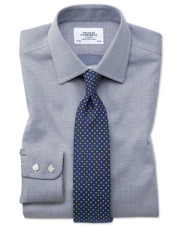 Charles Tyrwhitt Extra Slim Fit Non-iron Square Weave Navy Blue Cotton Dress Casual Shirt French Cuff Size 14.5/32 By Charles Tyrwhitt