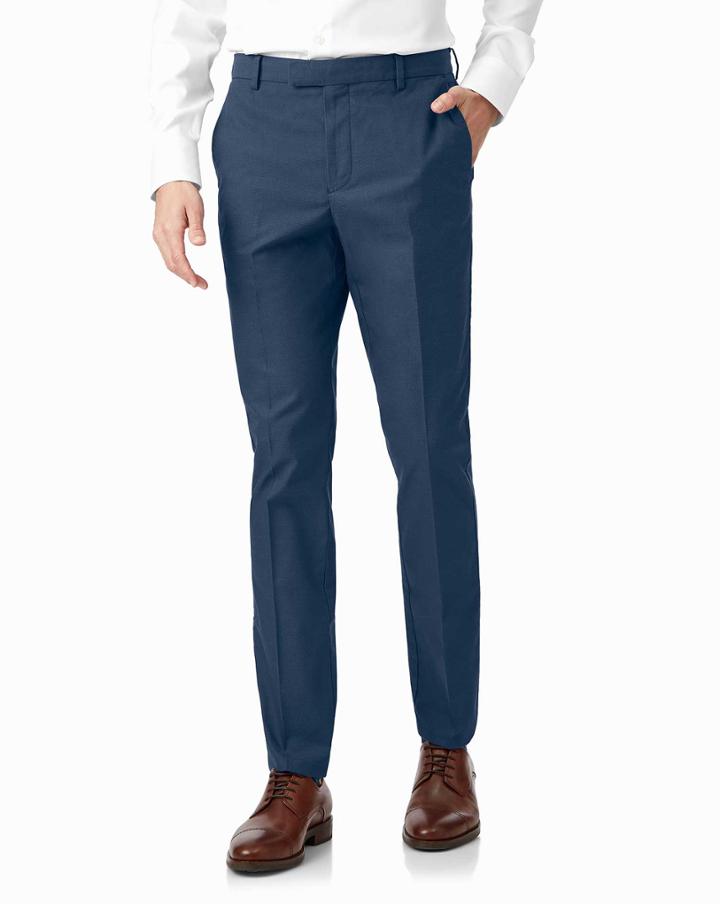  Bright Blue Non-iron Stretch Textured Trousers Size W32 L30 By Charles Tyrwhitt