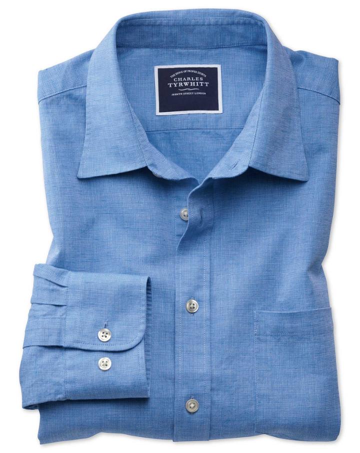  Slim Fit Bright Blue Cotton Linen Cotton Linen Mix Casual Shirt Single Cuff Size Large By Charles Tyrwhitt