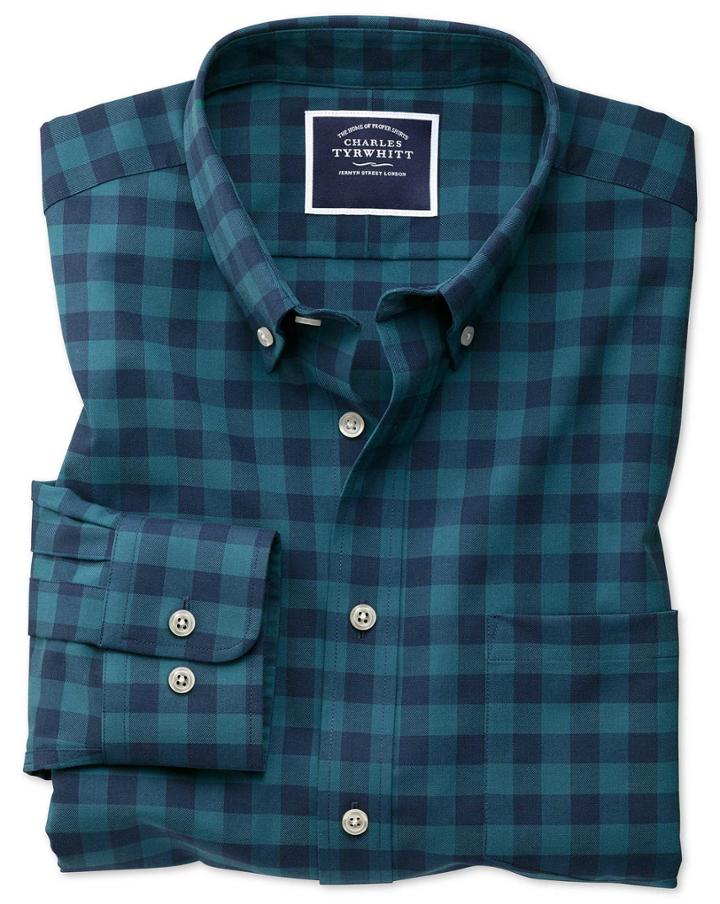  Slim Fit Non-iron Teal Gingham Twill Cotton Casual Shirt Single Cuff Size Xxl By Charles Tyrwhitt