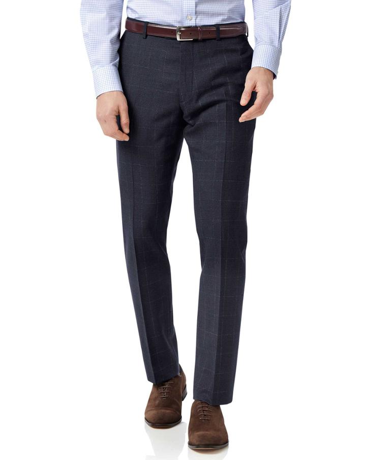  Blue Slim Fit Jaspe Check Business Suit Wool Pants Size W38 L32 By Charles Tyrwhitt