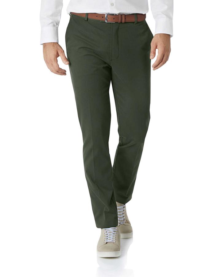  Dark Green Extra Slim Fit Flat Front Non-iron Cotton Chino Pants Size W30 L34 By Charles Tyrwhitt