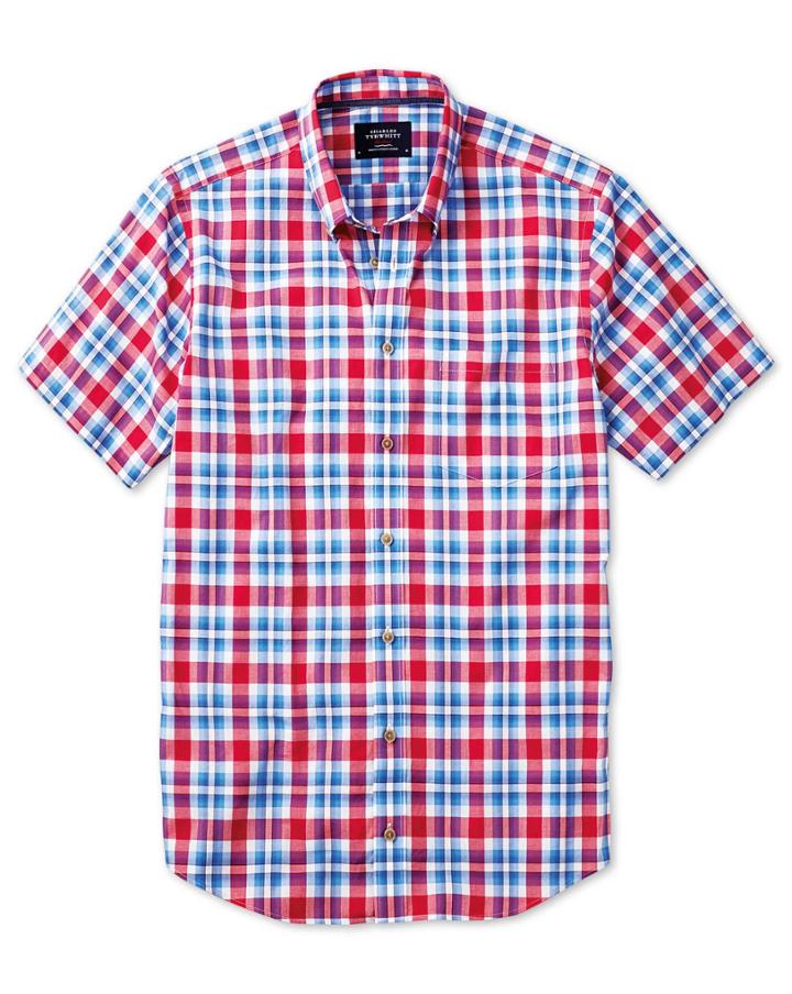 Charles Tyrwhitt Charles Tyrwhitt Classic Fit Poplin Short Sleeve Sky Blue And Red Check Cotton Dress Shirt Size Large