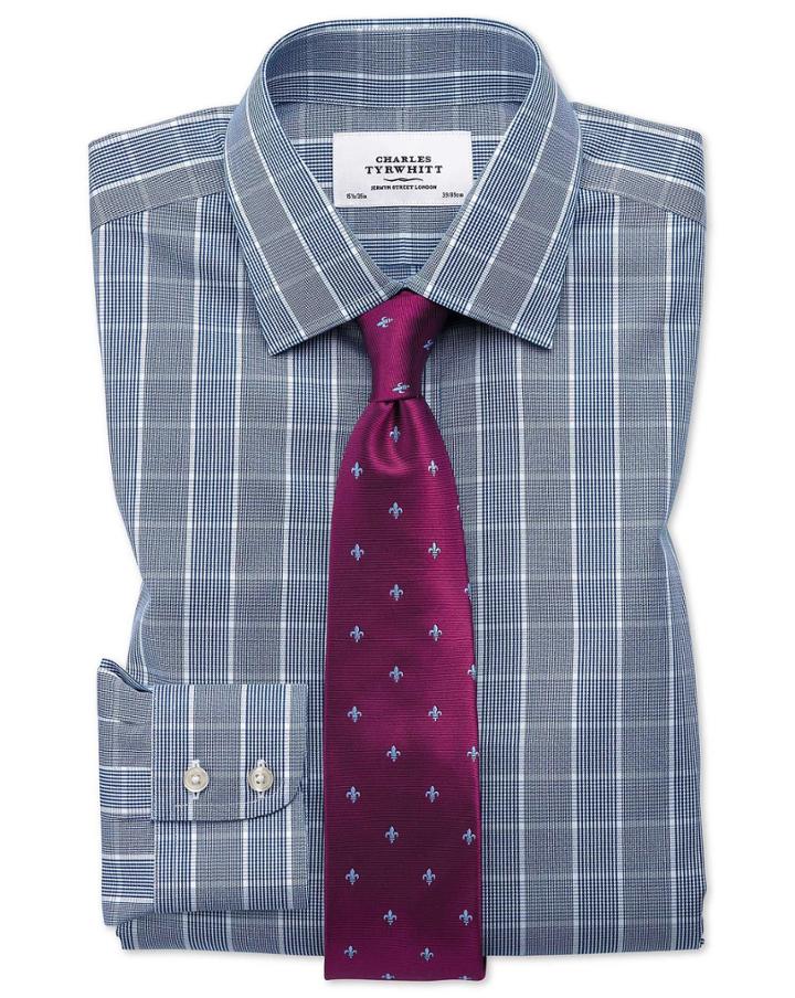 Charles Tyrwhitt Slim Fit Non-iron Prince Of Wales Navy Blue And White Cotton Dress Casual Shirt Single Cuff Size 14.5/32 By Charles Tyrwhitt