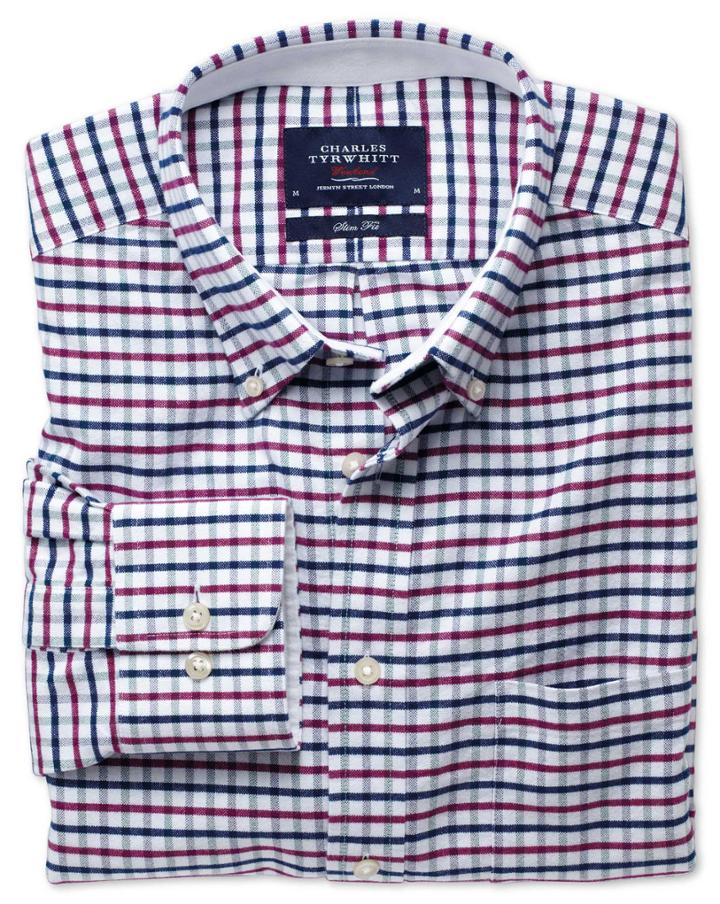 Charles Tyrwhitt Slim Fit Navy And Berry Tattersall Washed Oxford Cotton Casual Shirt Single Cuff Size Medium By Charles Tyrwhitt