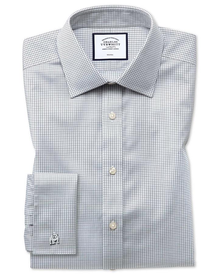  Extra Slim Fit Non-iron Twill Mini Grid Check Grey Cotton Dress Shirt French Cuff Size 14.5/32 By Charles Tyrwhitt