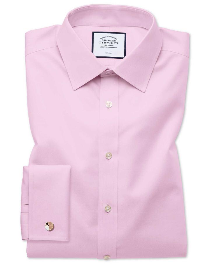  Slim Fit Pink Non-iron Twill Cotton Dress Shirt French Cuff Size 15.5/32 By Charles Tyrwhitt