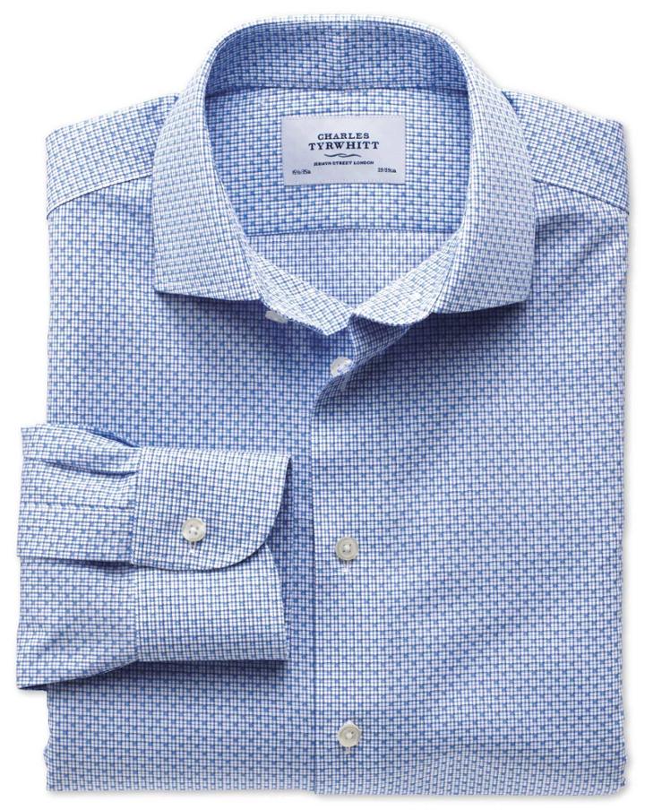 Charles Tyrwhitt Charles Tyrwhitt Slim Fit Semi-spread Collar Non-iron Business Casual Grid Check Sky Blue Cotton Dress Shirt Size 15/35