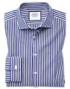  Super Slim Fit Business Casual Leno Texture Blue And White Stripe Cotton Dress Shirt Single Cuff Size 14/33 By Charles Tyrwhitt