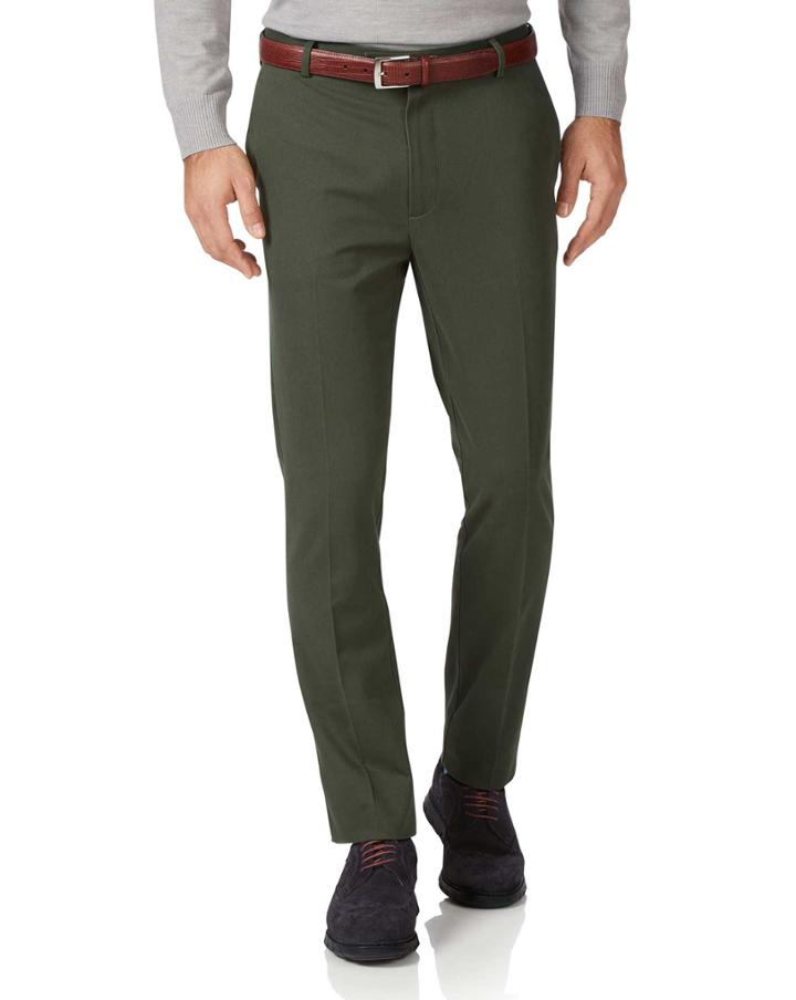  Dark Green Extra Slim Fit Flat Front Non-iron Cotton Chino Pants Size W30 L30 By Charles Tyrwhitt