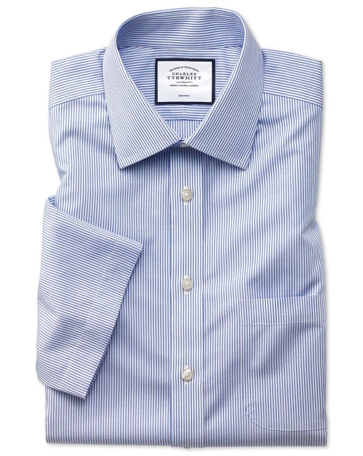  Classic Fit Non-iron Blue Stripe Natural Cool Short Sleeve Cotton Dress Shirt Size 16/short By Charles Tyrwhitt