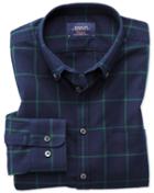 Charles Tyrwhitt Slim Fit Button-down Washed Oxford Navy Blue And Green Check Cotton Casual Shirt Single Cuff Size Xs By Charles Tyrwhitt