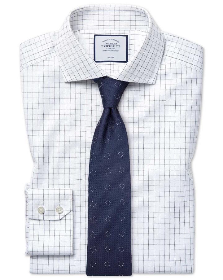  Extra Slim Fit Non-iron Spread Collar Cotton Stretch Oxford Blue And White Check Dress Shirt Single Cuff Size 14.5/32 By Charles Tyrwhitt