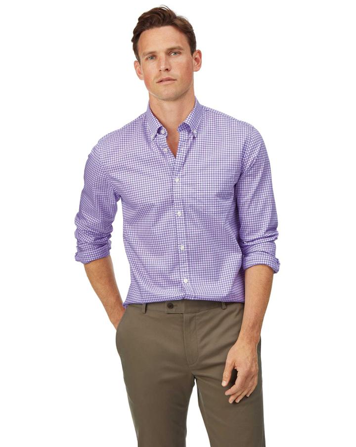  Extra Slim Fit Lilac Check Gingham Soft Washed Non-iron Stretch Poplin Cotton Casual Shirt Single Cuff Size Medium By Charles Tyrwhitt