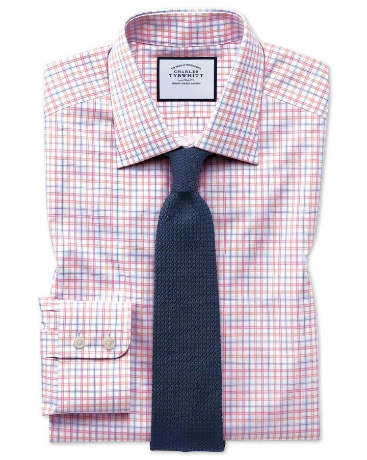  Classic Fit Egyptian Cotton Poplin Pink Multi Check Dress Shirt Single Cuff Size 15/34 By Charles Tyrwhitt