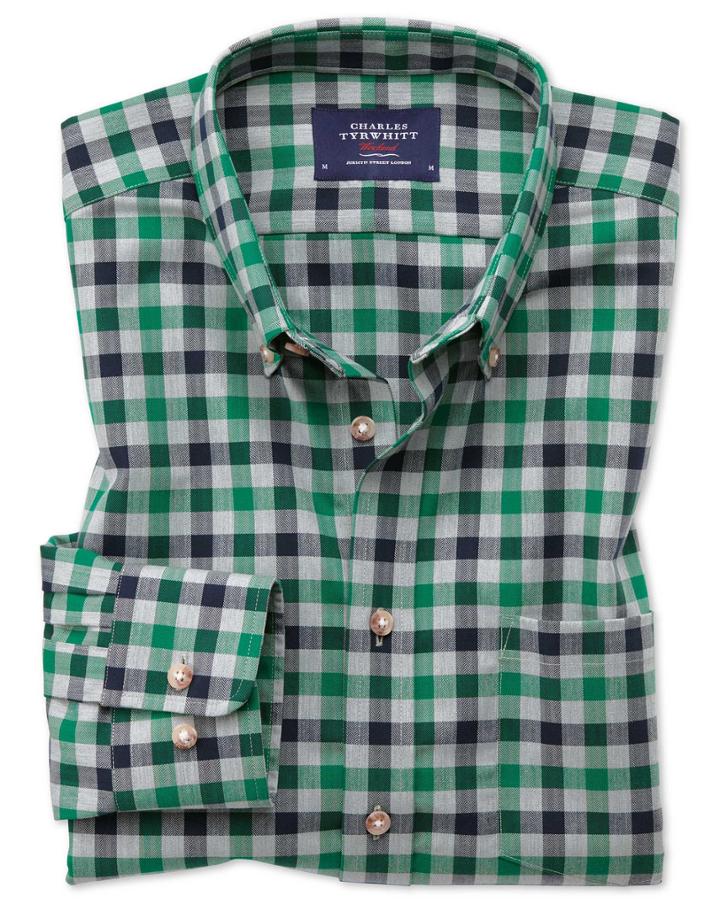 Charles Tyrwhitt Extra Slim Fit Button-down Non-iron Twill Green And Navy Blue Gingham Cotton Casual Shirt Single Cuff Size Small By Charles Tyrwhitt