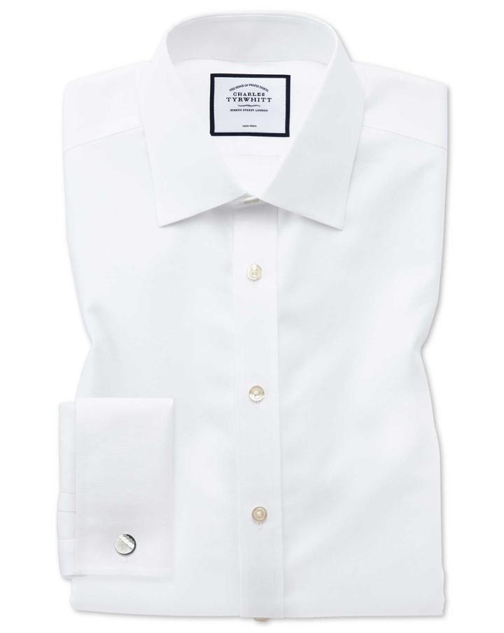  Extra Slim Fit Non-iron White Royal Panama Cotton Dress Shirt Single Cuff Size 14.5/32 By Charles Tyrwhitt