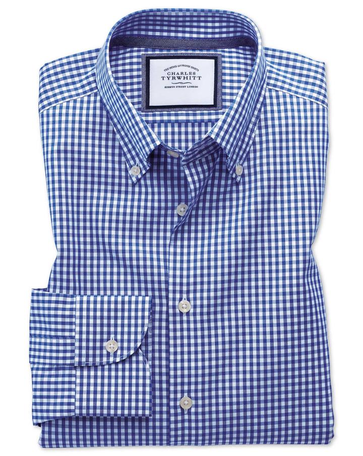 Charles Tyrwhitt Extra Slim Fit Button-down Business Casual Non-iron Royal Blue Cotton Dress Shirt Single Cuff Size 14.5/32 By Charles Tyrwhitt