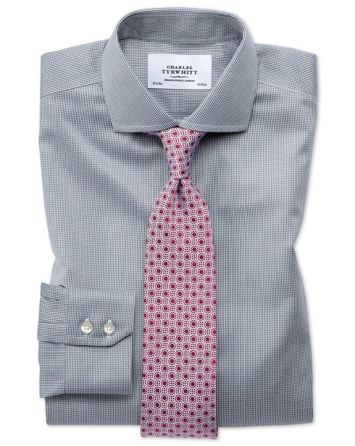Charles Tyrwhitt Extra Slim Fit Spread Collar Non-iron Puppytooth Dark Grey Cotton Dress Casual Shirt French Cuff Size 14.5/32 By Charles Tyrwhitt