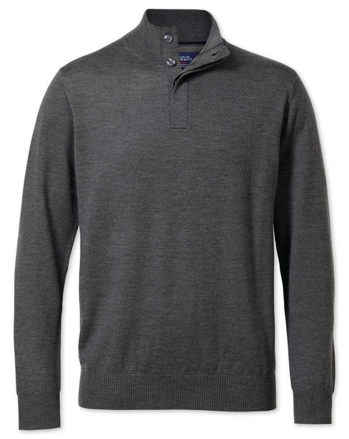  Charcoal Merino Wool Button Neck Sweater Size Medium By Charles Tyrwhitt
