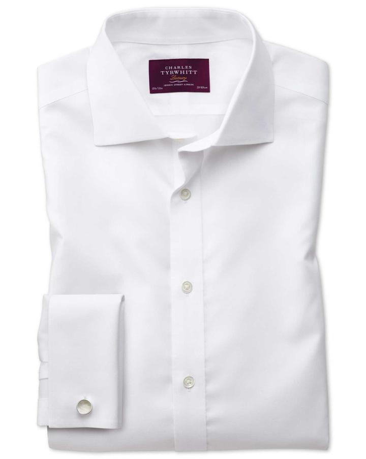 Charles Tyrwhitt Slim Fit Semi-spread Collar Non-iron Luxury White Cotton Dress Shirt French Cuff Size 16/33 By Charles Tyrwhitt