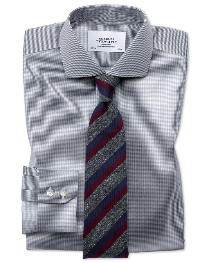 Charles Tyrwhitt Slim Fit Spread Collar Non-iron Puppytooth Dark Grey Cotton Dress Casual Shirt Single Cuff Size 14.5/32 By Charles Tyrwhitt