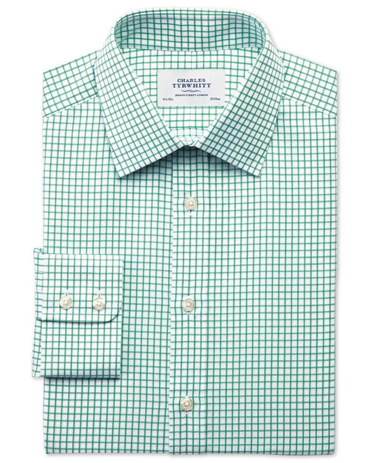  Extra Slim Fit Twill Grid Check Green Cotton Dress Shirt Single Cuff Size 15.5/32 By Charles Tyrwhitt