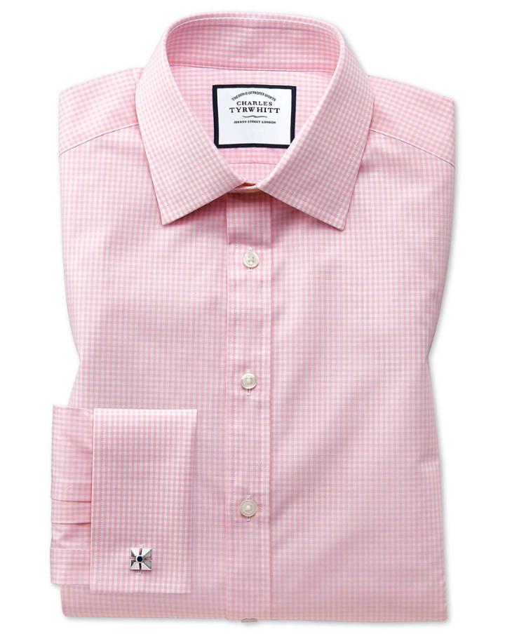  Extra Slim Fit Small Gingham Light Pink Cotton Dress Shirt Single Cuff Size 14.5/32 By Charles Tyrwhitt