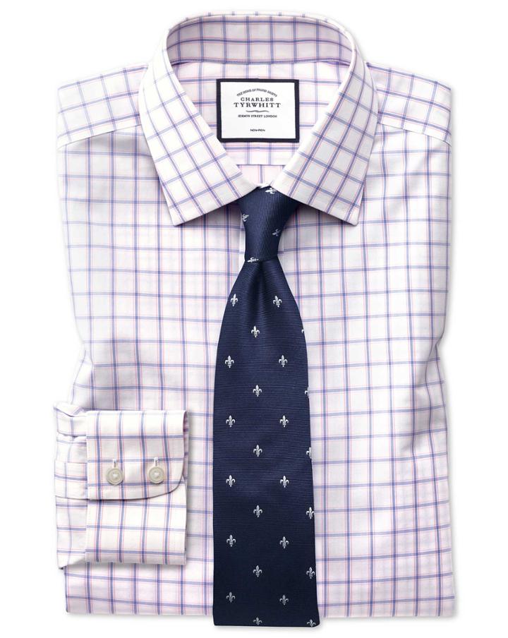  Slim Fit Non-iron Blue And Pink Multi Check Cotton Dress Shirt Single Cuff Size 15.5/33 By Charles Tyrwhitt
