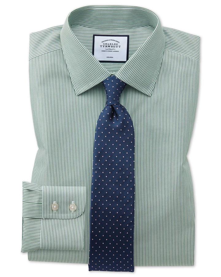  Slim Fit Non-iron Olive Bengal Stripe Cotton Dress Shirt French Cuff Size 14.5/33 By Charles Tyrwhitt