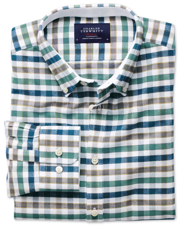 Charles Tyrwhitt Charles Tyrwhitt Extra Slim Fit Green And Blue Check Washed Oxford Shirt