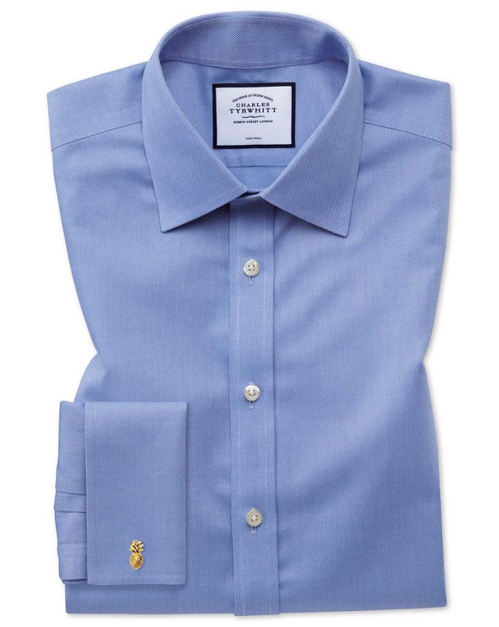  Extra Slim Fit Non-iron Blue Royal Panama Cotton Dress Shirt French Cuff Size 14.5/32 By Charles Tyrwhitt