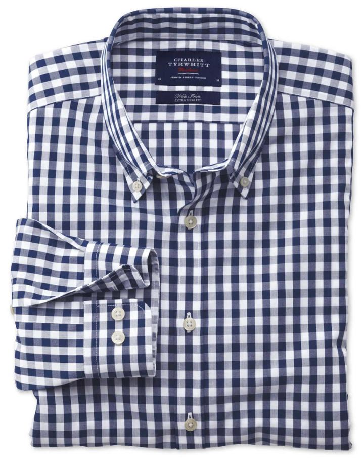 Charles Tyrwhitt Charles Tyrwhitt Extra Slim Fit Non-iron Poplin Navy Check Cotton Dress Shirt Size Large
