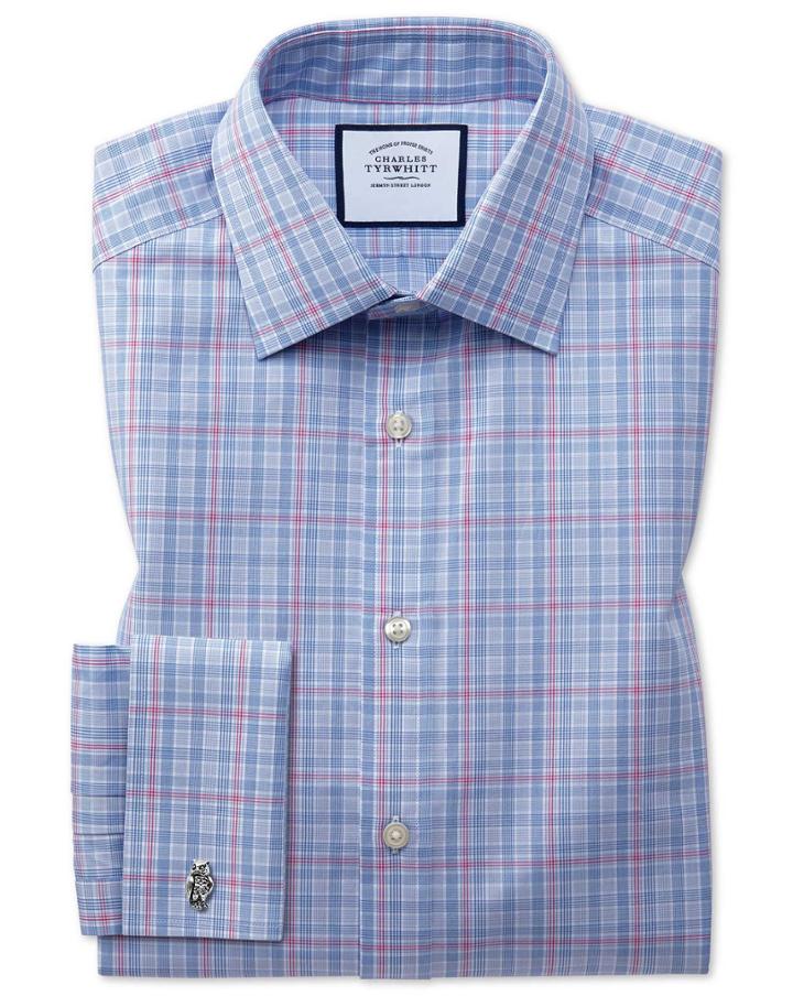  Classic Fit Blue And Pink Prince Of Wales Check Cotton Dress Shirt French Cuff Size 15/33 By Charles Tyrwhitt