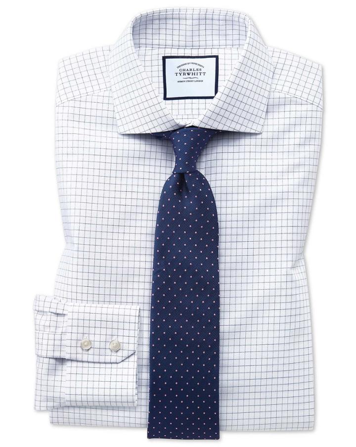  Slim Fit Non-iron Spread Collar Navy Fine Check Cotton Dress Shirt Single Cuff Size 14.5/33 By Charles Tyrwhitt