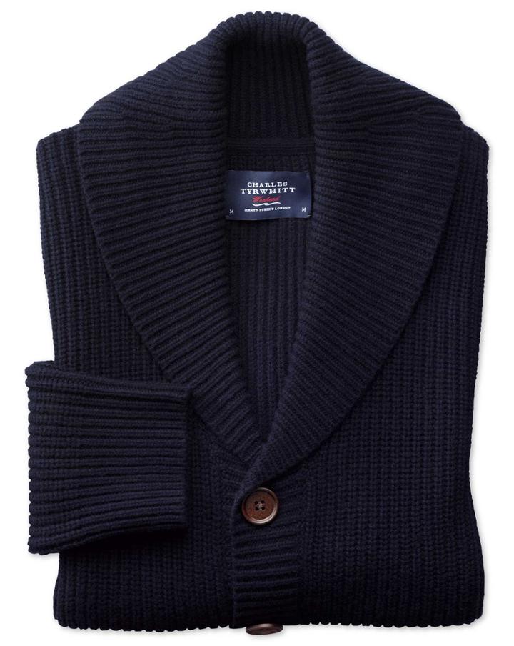 Charles Tyrwhitt Navy Rib Shawl Collar Wool Cardigan Size Medium By Charles Tyrwhitt