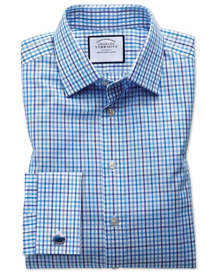 Charles Tyrwhitt Slim Fit Poplin Multi Blue Check Cotton Dress Shirt French Cuff Size 14.5/33 By Charles Tyrwhitt